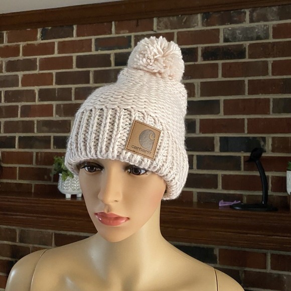 Carhartt Rib Knit Sherpa Lined  Pom Pom Beanie Hat Pink Salt One Size New - Picture 13 of 16